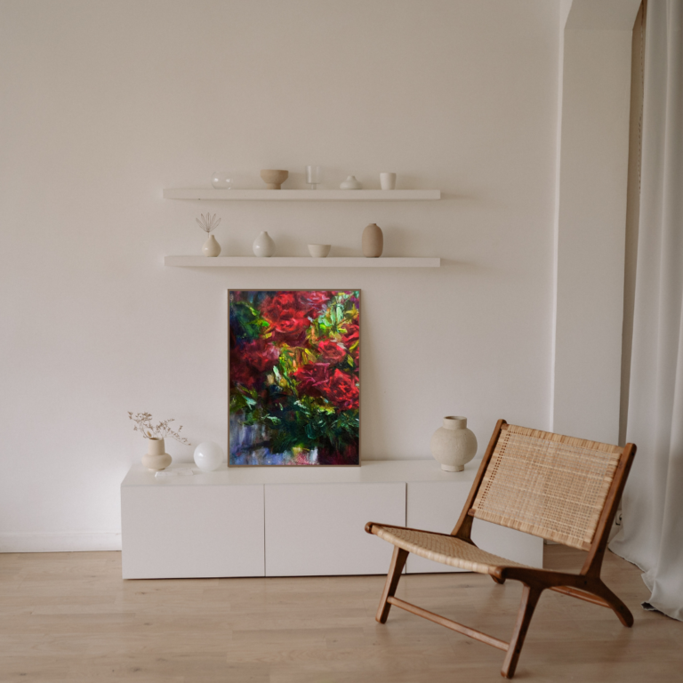 Juni-roses in sunshine- oil painting on board